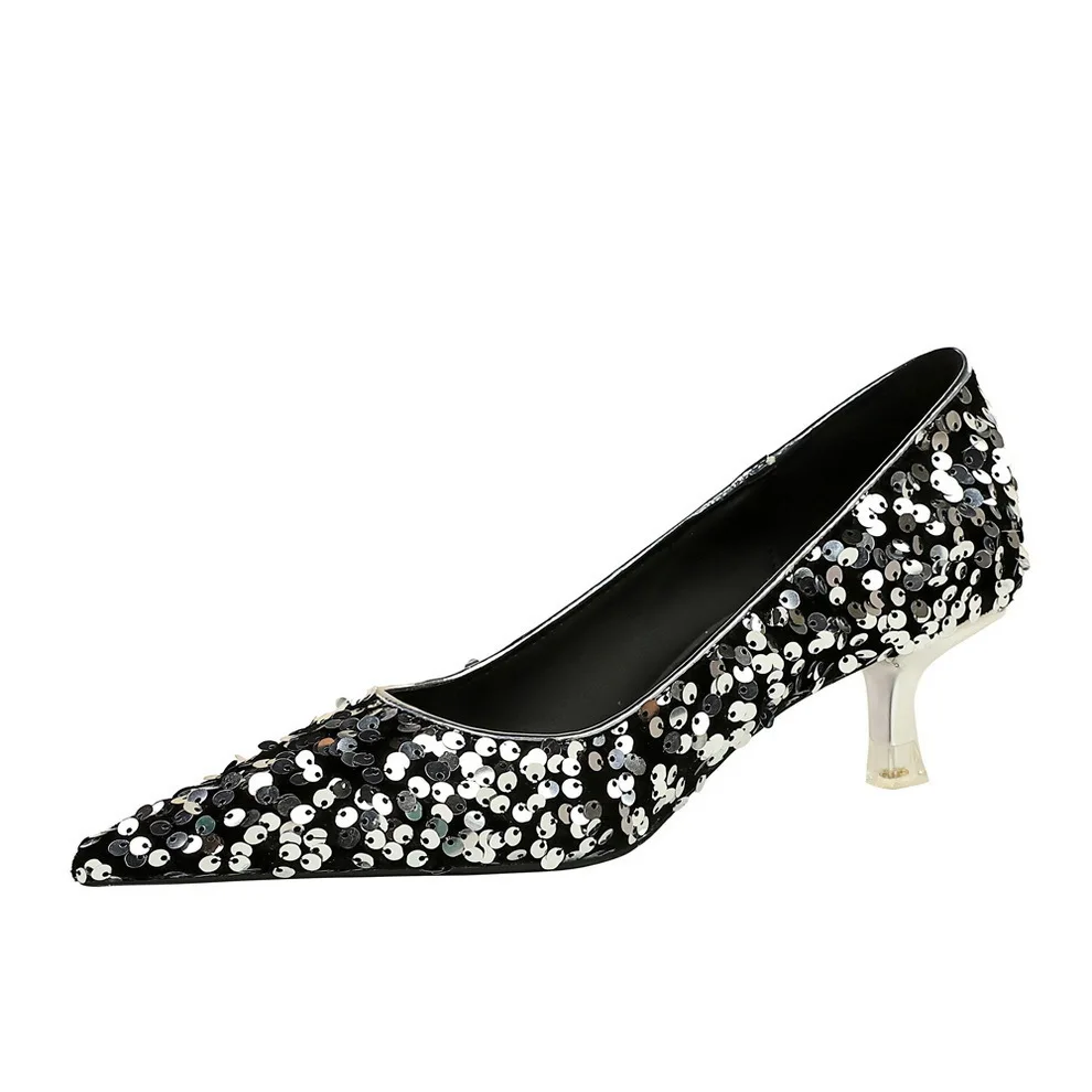 

New Fashionable Women Pumps Korean Version Elegant Banquet Glittering Sequin Women's Shoes With Shallow Cut Pointed Toe Shiny