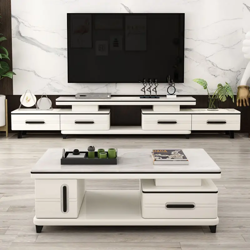Slate telescopic living room TV cabinet coffee table combination set marble