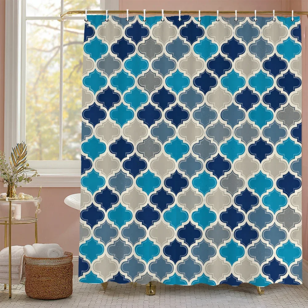 Blue Geometric Decorative Graphic Boho Shower Curtain, Bathroom Decorative Shower Curtain, Waterproof Shower Curtain with Hooks