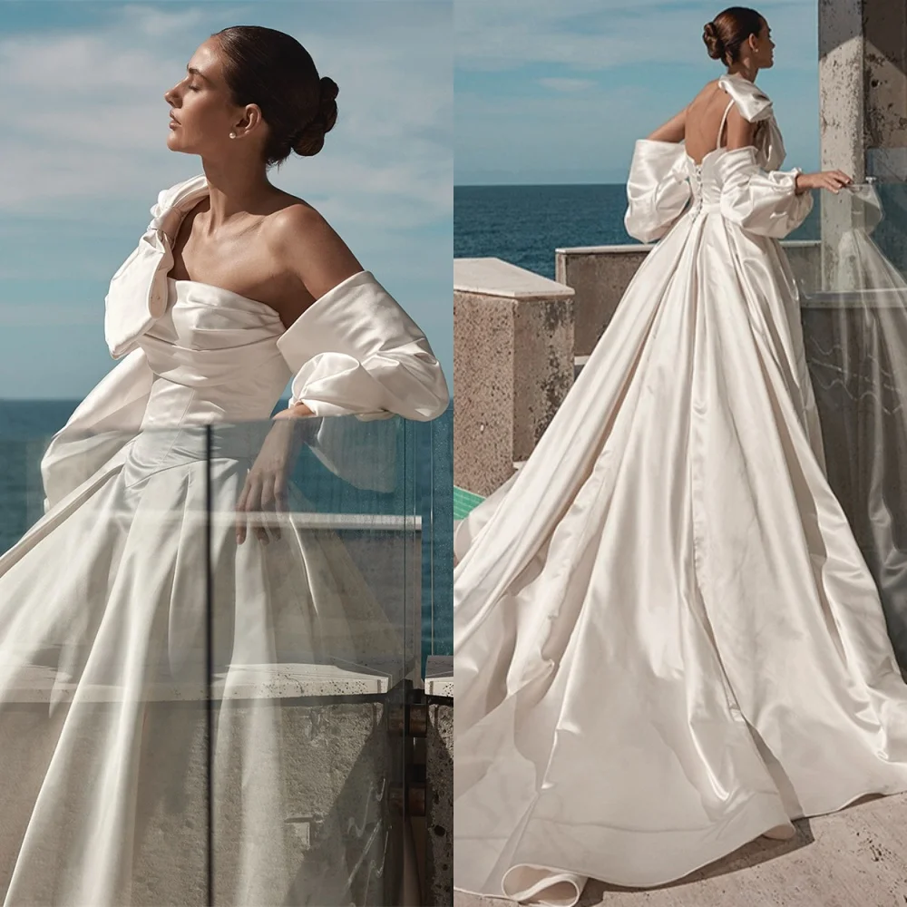 

Customized Fashion Satin Wedding Dresses Dreamy Lace Up Back Heavy Industry Wedding Dresses Bride Gowns Bow Wedding Guest