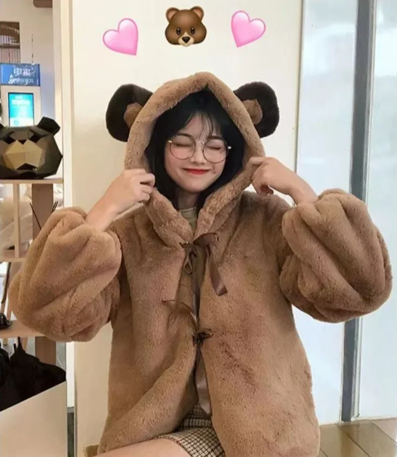 Jaqueta de pele feminina urso orelha jaqueta de pelúcia 2023 inverno nova moda coreana bonito estilo preppy oversized com capuz solto kawaii fofo