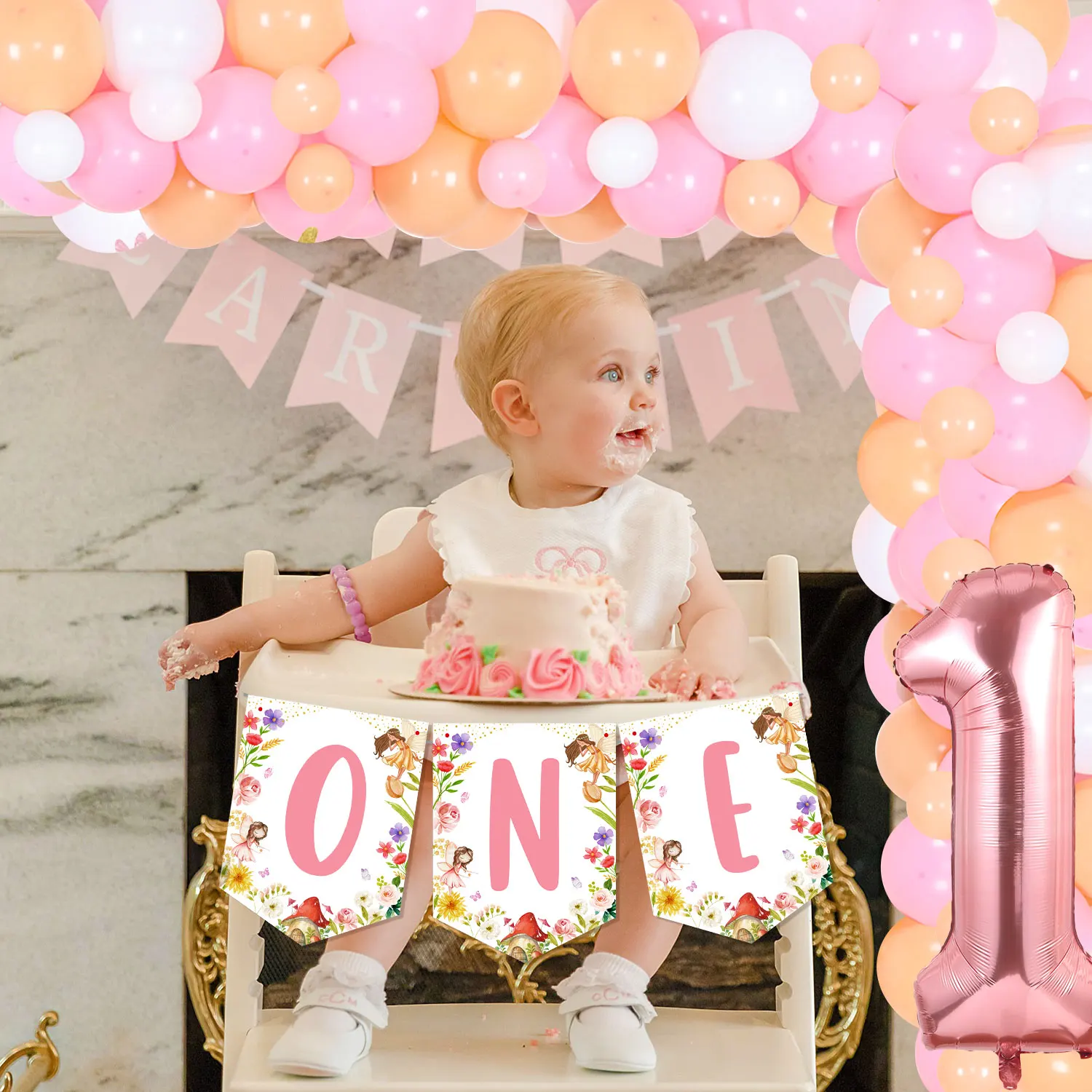 Funmemoir Fairy 1st Birthday Party Decoration for Girl Pink Balloon Arch with Fairy Birthday Backdrop and One Highchair Banner