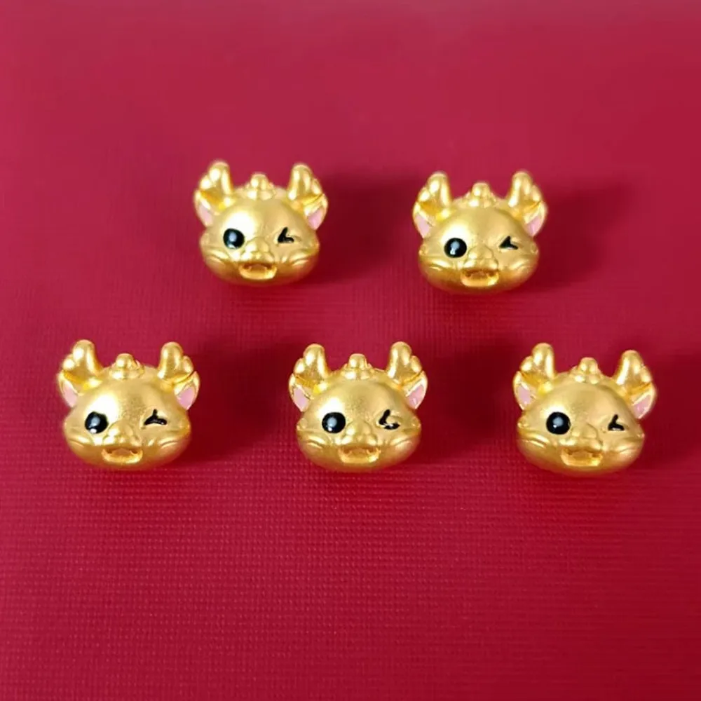 1PCS Real Pure 999 24K Yellow Gold Bead Lucky Enamel Cute Dragon Head Pendant 0.29-0.33g