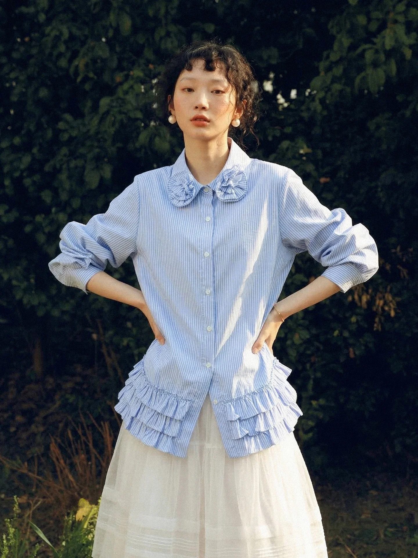 

Handmade Floral Collar Blue Striped Long Sleeve Shirt Women's Top Early Spring Casual Cotton Breathable Comfortable Ladies Shirt