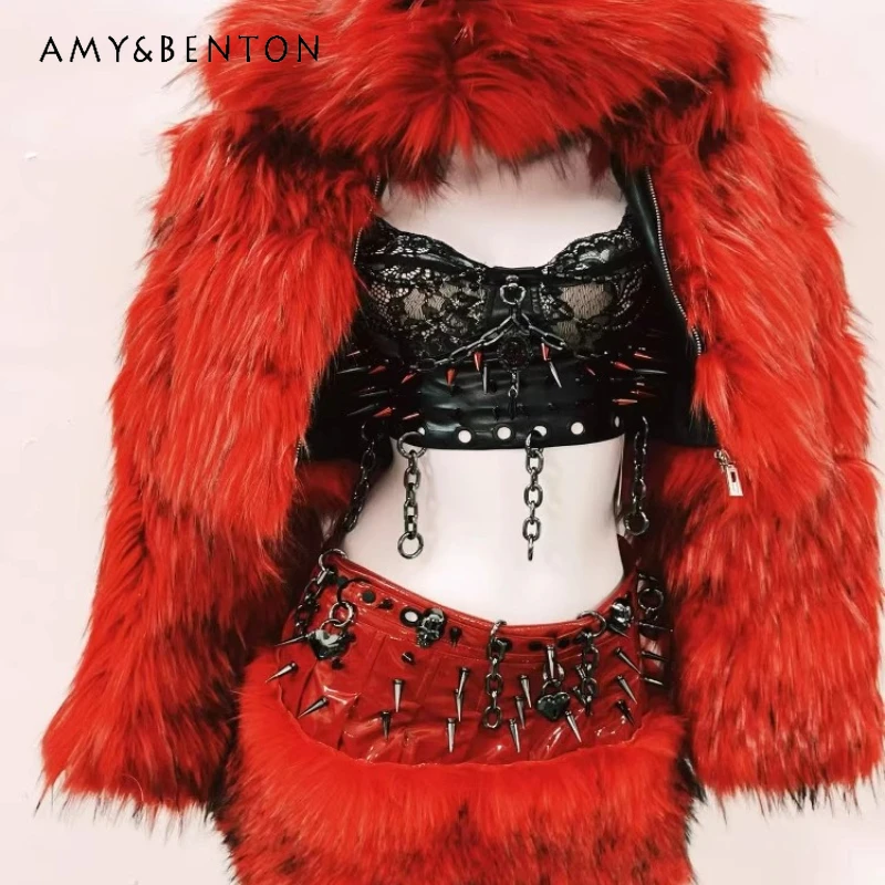 

Spring Autumn New Black Lace Hollow Out Sexy Rivet Women's Vest Original Design Red Furry Splicing Short Skirt Coat Set Ladies