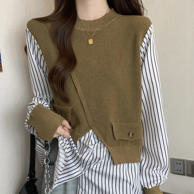 Blouse Women Fake 2pcs Trendy Knitted Patchwork Irregular Korean Fashion Autumn Ins Striped All-match Daily Young Popular Mujer