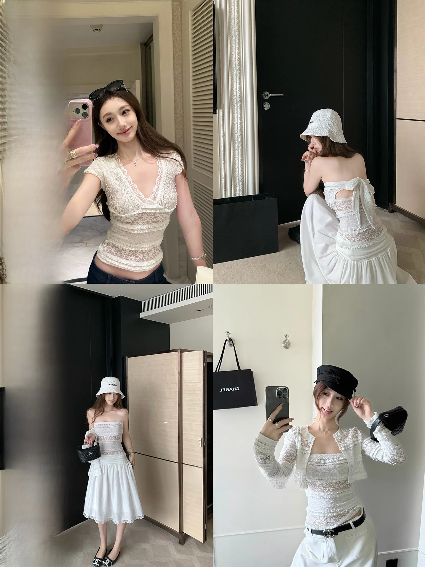 

Chestnut Cocoa Lace Trim Elastic V-neck T-shirt Open Cardigan Women's Spring Fashion Set Casual Style Short Length Loose Fit