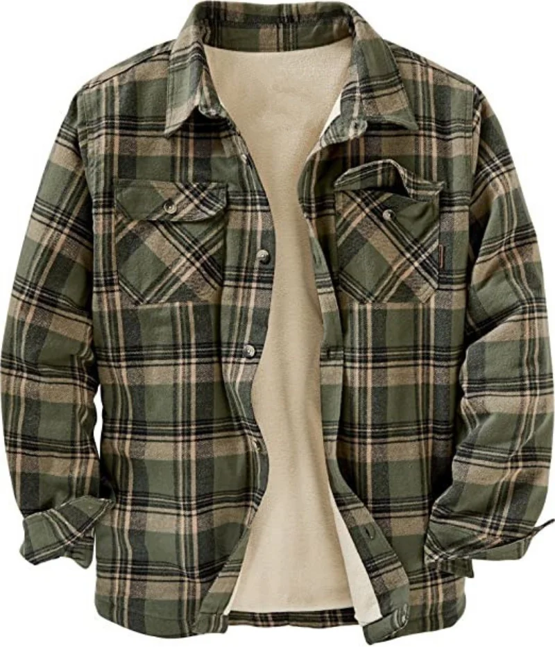 Autumn 2023 Winter Mens Jacket Plaid Cardigan Flannel Thicke Long Sleeve Basic Quality Casual Shirt Jackets Cotton Coat American