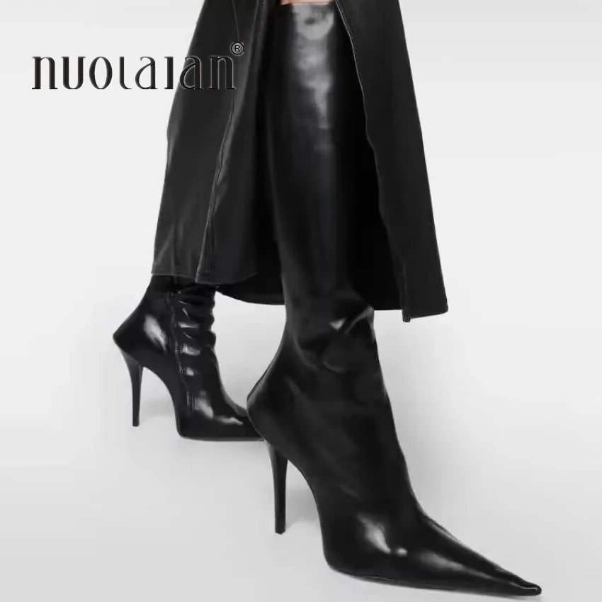 Brand Fashion Women Knee High Boots Zip Pointed Toe Footwear 10CM High Heels Female Long Boots Party Shoes Women 2023 New Winter