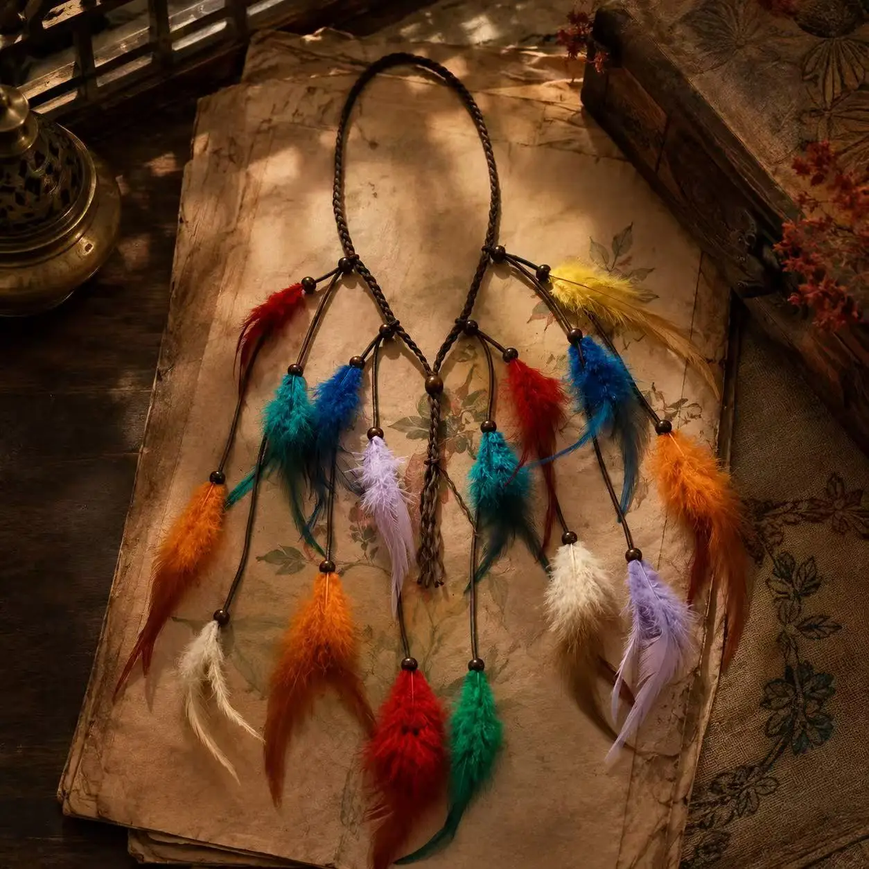 Women's Bohemian Headband Hippie Hairband Rainbow Hair Accessories Bohemian Feather Headband Women's Headband Sweatband Fashion view 3