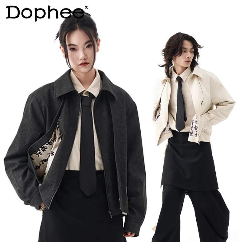 

Men's Women's 2025 Spring Autumn New Fashion Chic Coats Stylish Print Splicing Lapel Jackets Loose Comfort Long-sleeve Art Tops