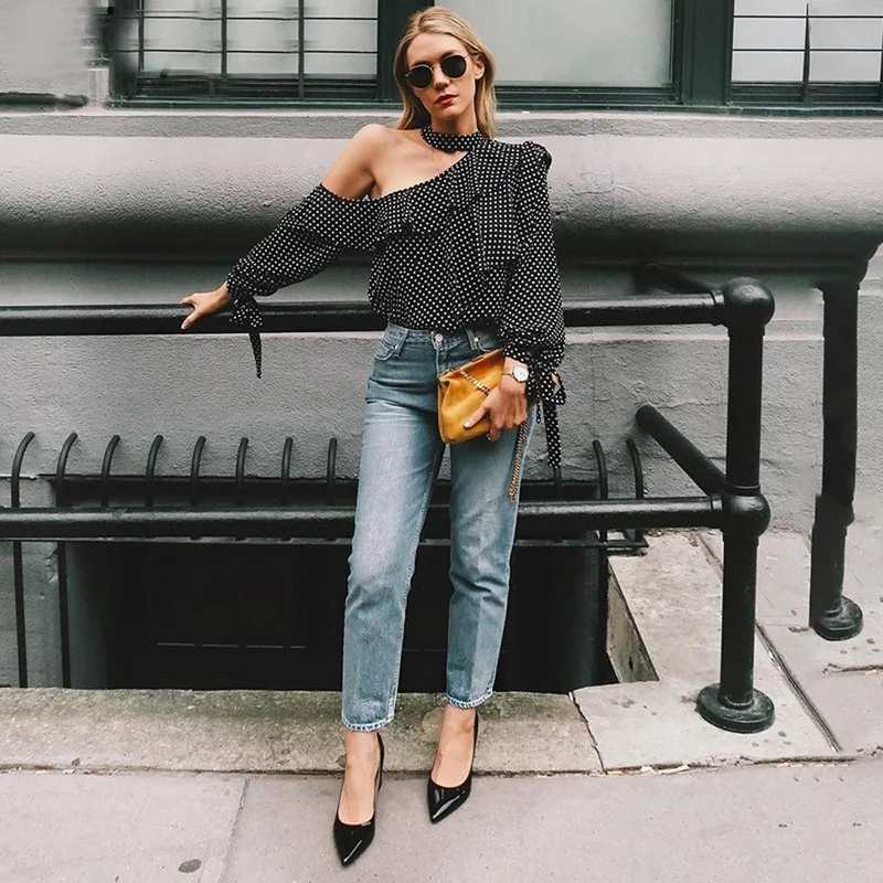 Summer Women Cottagecore Fashion Strapless Hanging Neck Cuff Bow Long-sleeved Polka Dot Blouse Lantern Sleeve Ruffled T-shirt