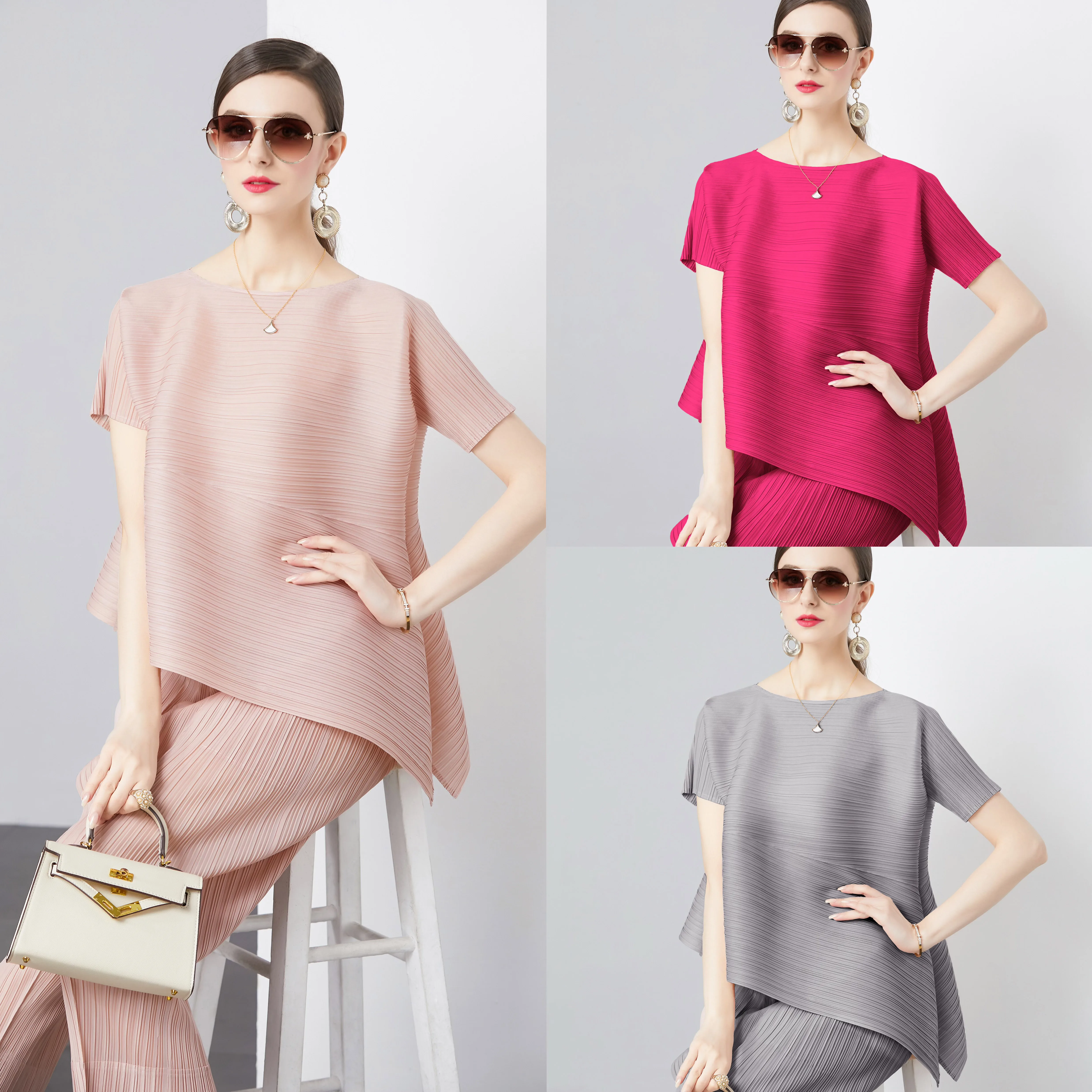 Miyake Pleated Design with Irregular Short Sleeves, Summer Loose Round Neck T-shirt, Simple Pullover, Solid Color Women Crop Top