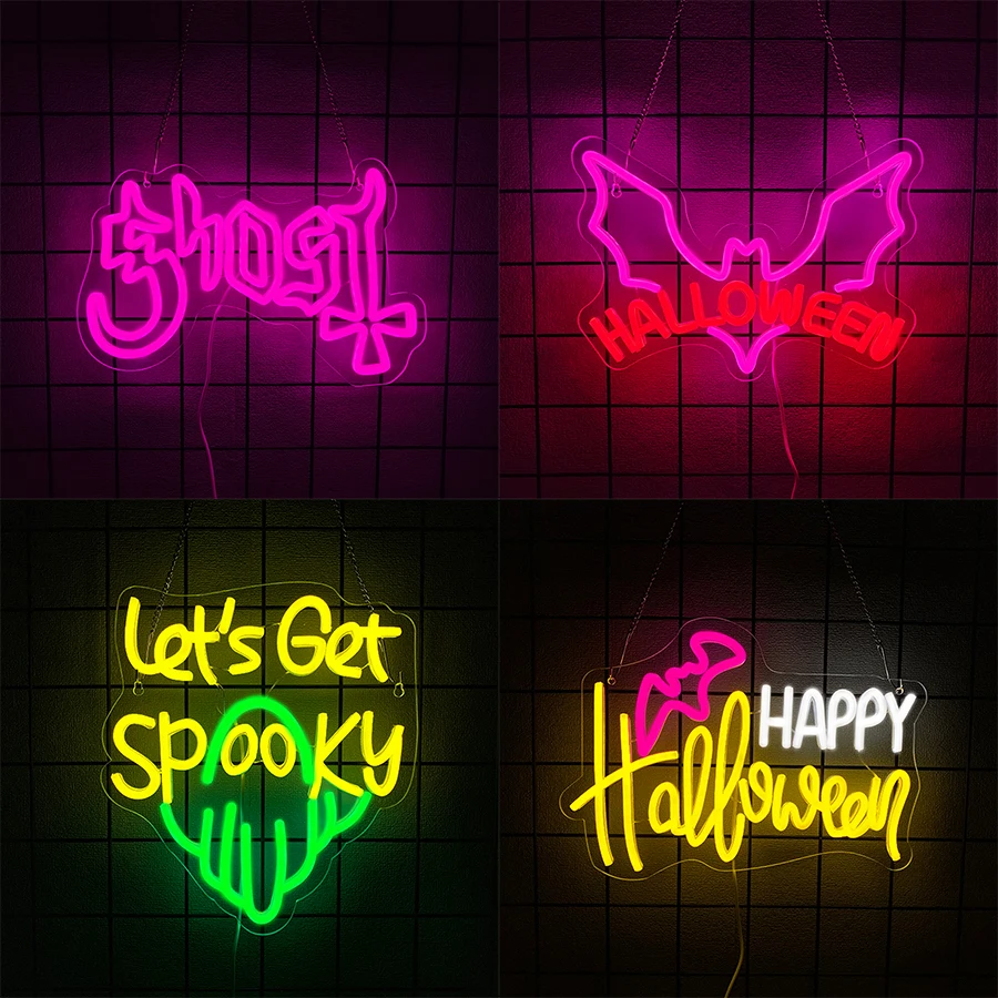 

Halloween Neon Signs, Colored Letters And Ghost Icons, Used For Clubs, Bars, Horror Spaces, Parties, Halloween Activities Decor.