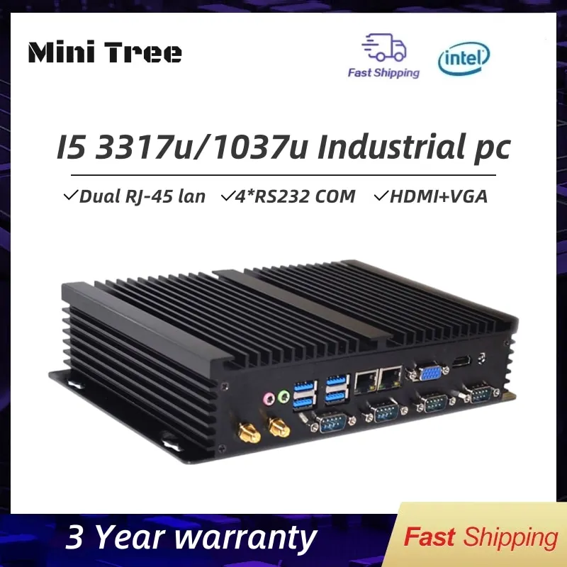 Fanless Industrial Mini PC Intel Core i5-3317U Celeron 1037U 4*RS232 COM Dual Lan XP Desktop Mini Computer 8GB DDR3L 128GB MSATA
