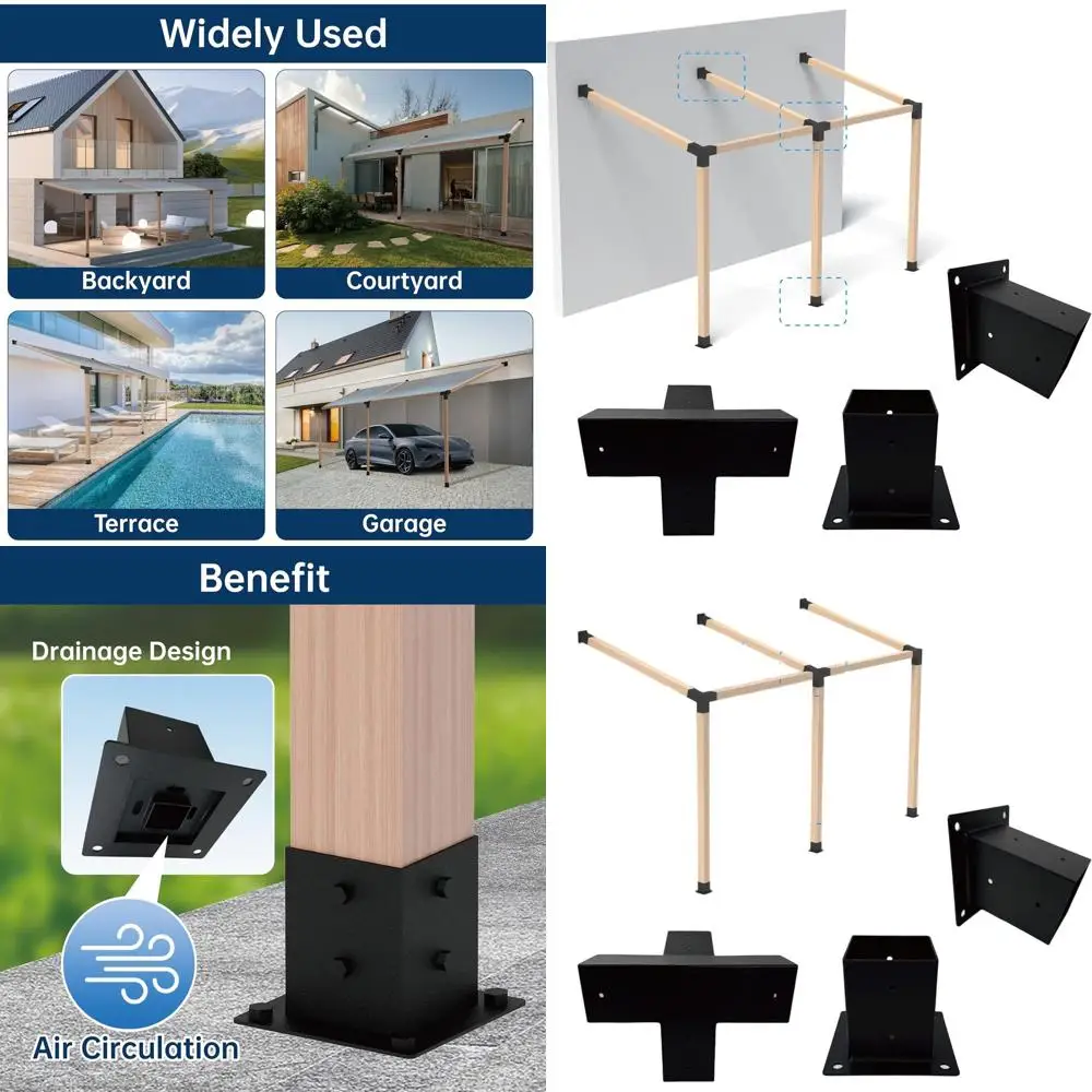 

4x4 Pergola Bracket Set with Wall Base, 105° 4-Way Connector, and 15° Pitched Roof Mounting Kit for Wall-Attached Shade Structur