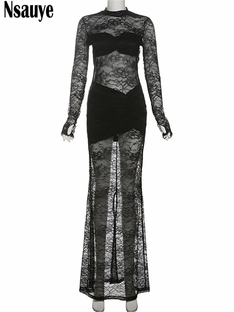 Nsauye Solid Lace Hollow Out See Through Bodycon Long Dresses Fashion New 2024 Winter Party Evening Pullover Maxi Dress Vestidos