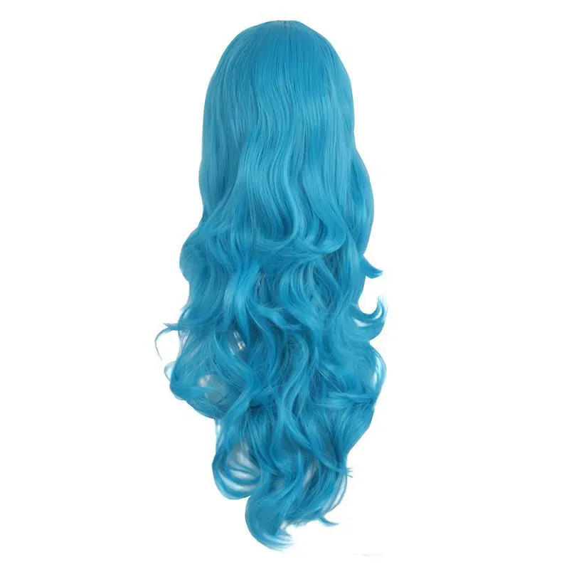 Tongmancos شعر مستعار طويل مع تجعيد طفيف، موجات كبيرة رقيق، شعر طويل مجعد على الطراز الياباني أزرق كامل الرأس 70 سم