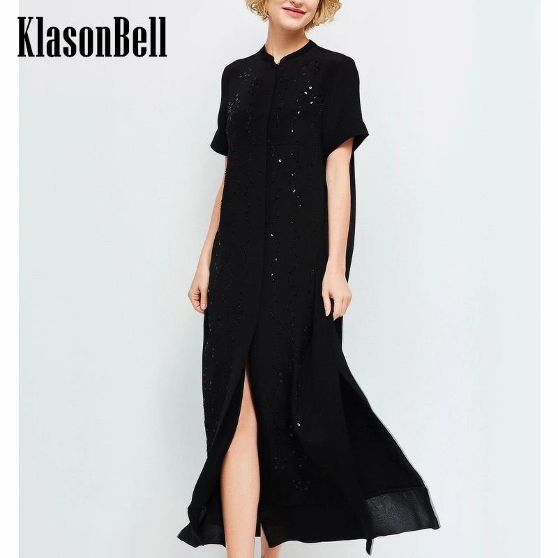 

5.13 KlasonBell Silk Luxury Handmade Beading Embroidery Sequins Maxi Dress For Women Solid Elegant Short Sleeve Split Dress