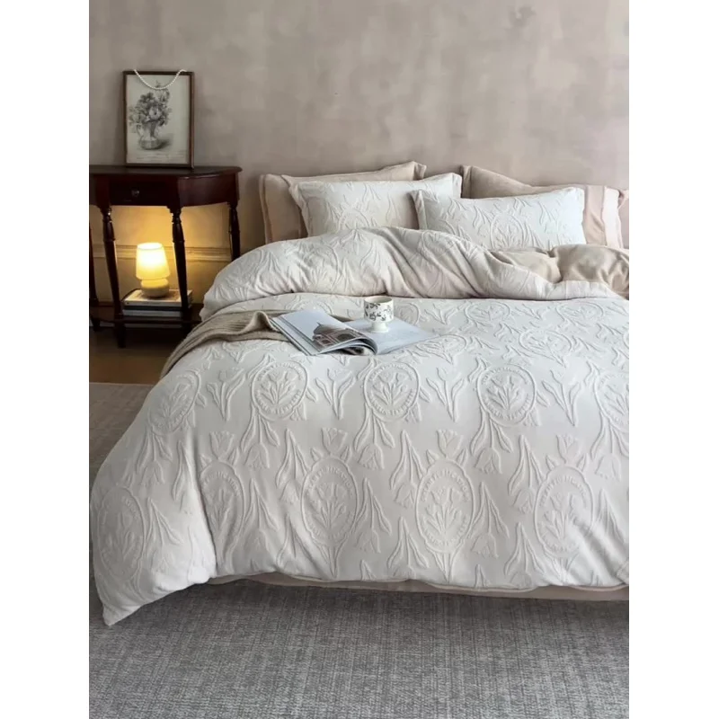 

Milk Velvet Duvet Cover Plush 3D Embossed Floral Grey Botanical Designer Bedding Set Queen Full Double 220x240 Winter Warm 4pcs