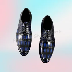 Blue Crocodile Runway Men's Loafers Lace Up Chunky Heels Business Dress Shoes Big Size New Style Shoes 2023 Zapatos Para Hombres