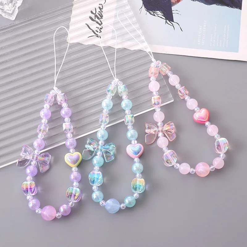 Fashionable Bow Phone Chain Creative Love Beaded Phone Case Hanging Rope Anti Loss and Anti Drop Women's Wrist Strap