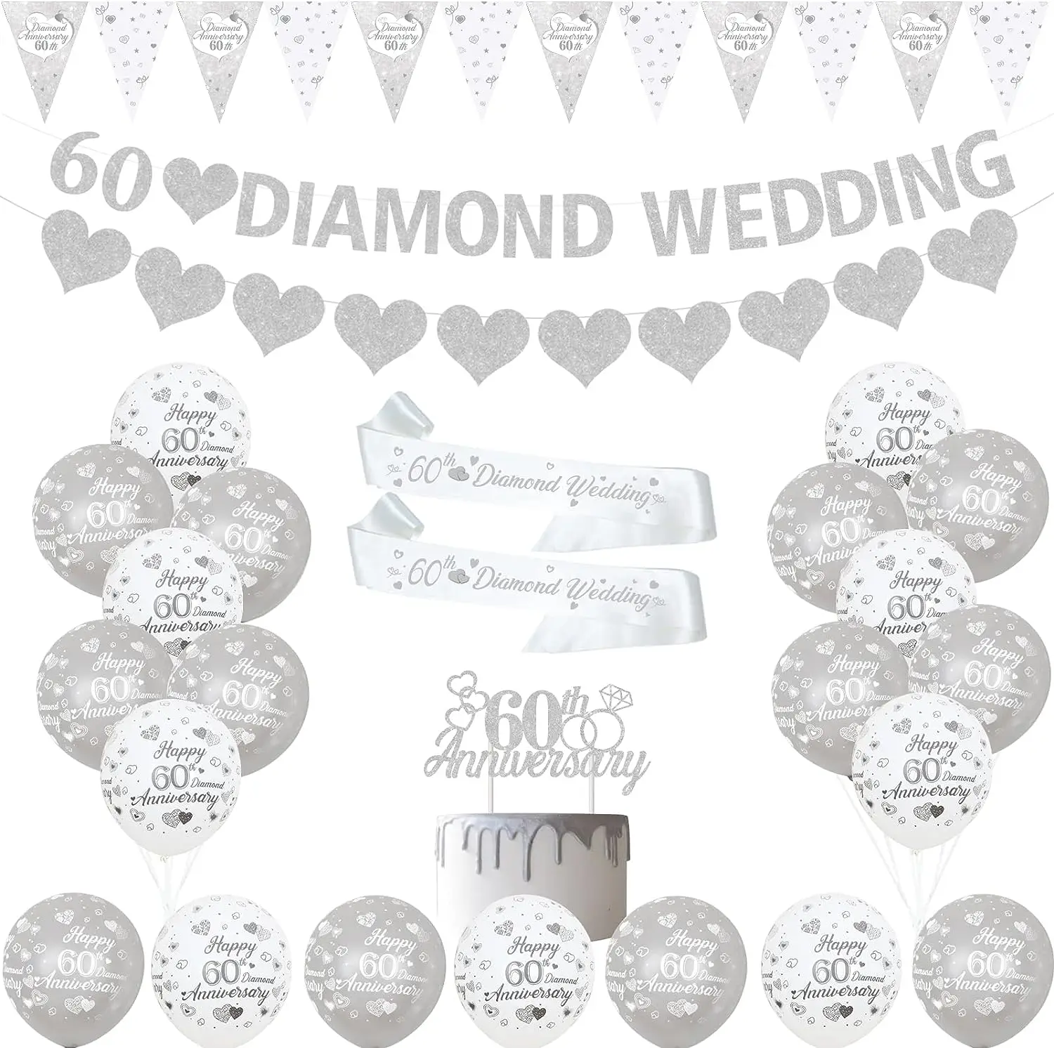 60th Wedding Anniversary Decorations Silver 60th Diamond Wedding Balloons Banner Sash for 60th Couple Anniversary Party Supplies