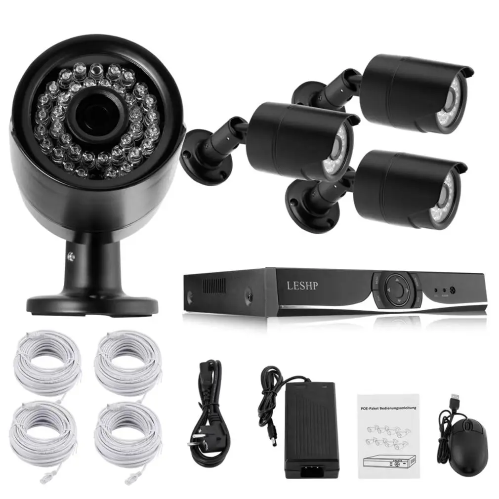 

LESHP 4CH Security Camera System 960P Video DVR Outdoor IP Camera NVR POE Kit with LEDs IR Night Vision Camera for Home Office