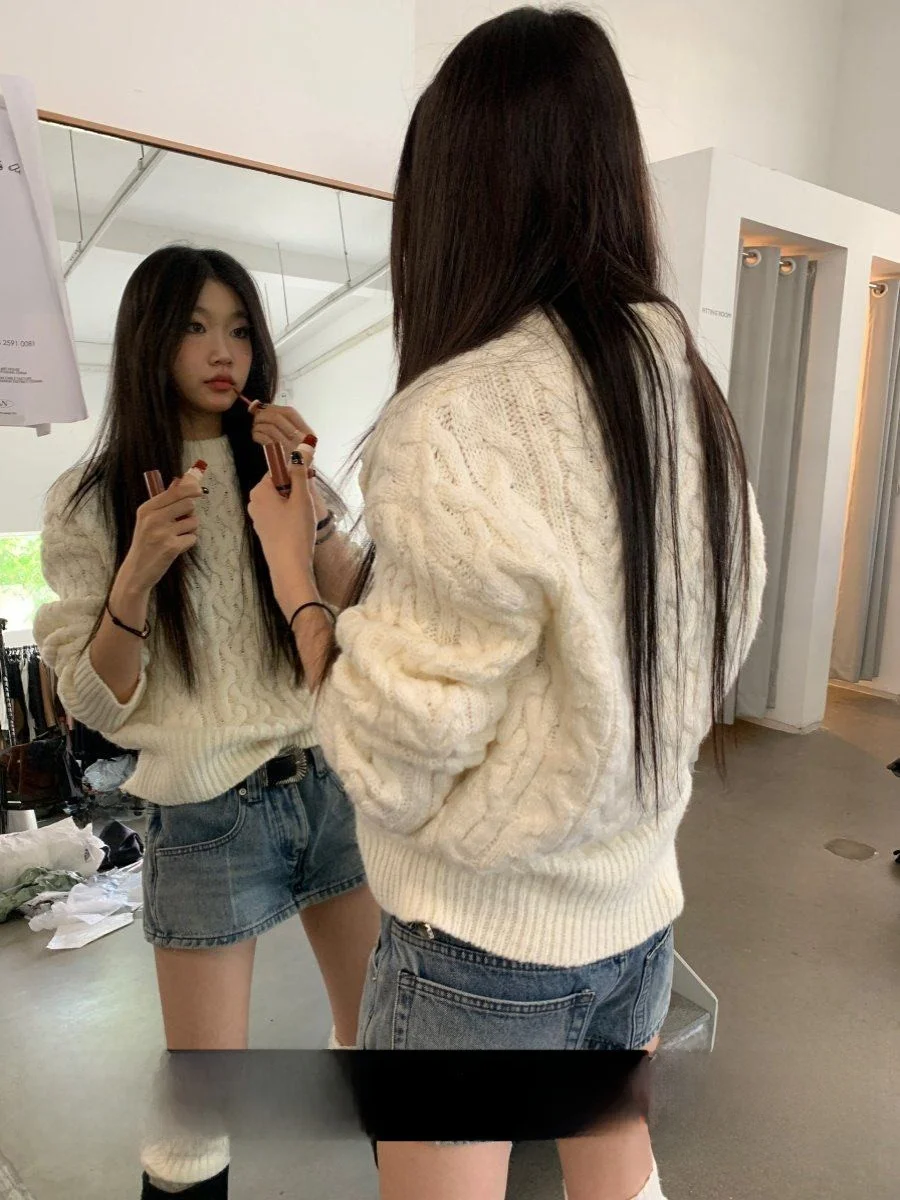 

Fortunee Vintage Simple Twisted Sweater Women's Autumn Winter Soft Aosphere Korean Sle round Ne Top Street Sle Long S...