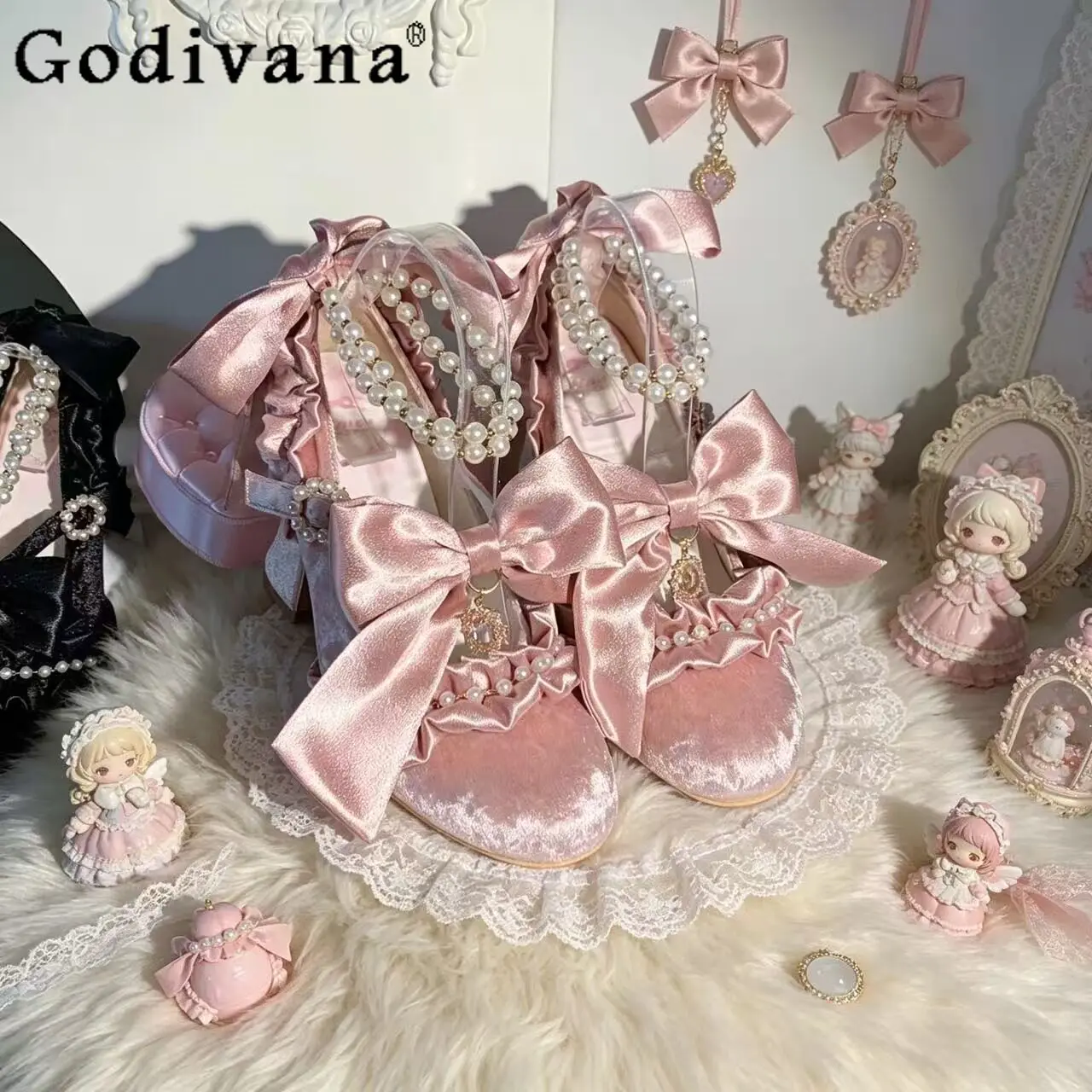 

French Elegance Lolita Mary Jane Shoes Spring and Summer Women's Sweet Bow Pearl Chain Velvet High Heels Pumps Princess Shoes
