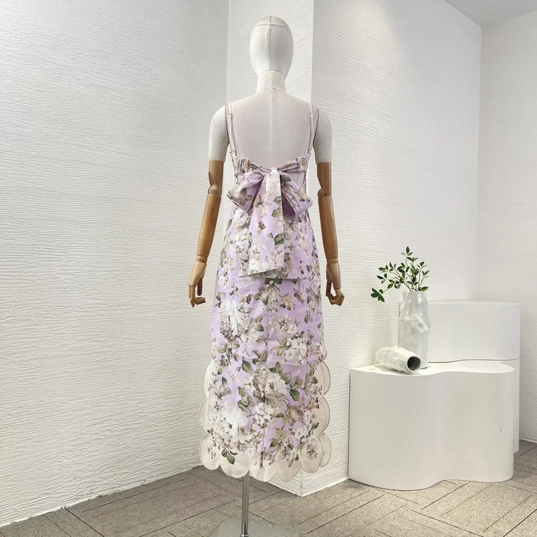 Puro lino 2024 Nuovo elegante di alta qualità viola stampa floreale senza maniche backless tagliato abito longuette tubo canotta da donna