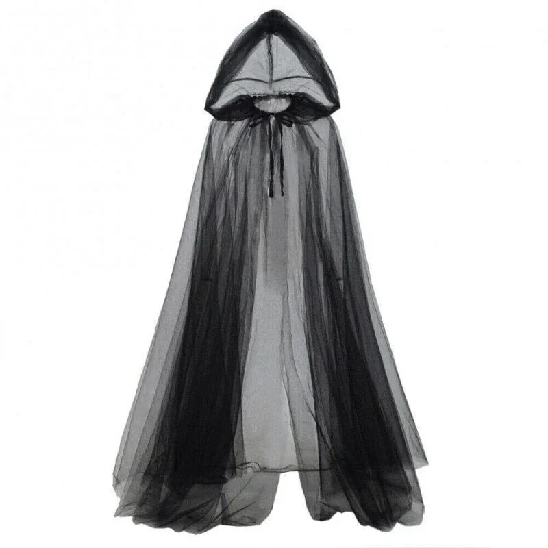 Black Sheer Hooded Cape Women Long Tulle Cloak Halloween Witch Vampire Gothic Cosplay Costume Masquerade Party Outfit Accessory