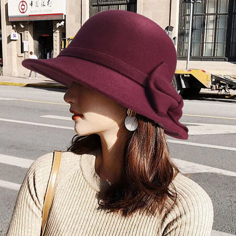 Elegant Bowknot Wool Ladies Hat Autumn Winter Fedoras Women Panama Hat Dome Felt Wedding Church Jazz Cap Female Bowler