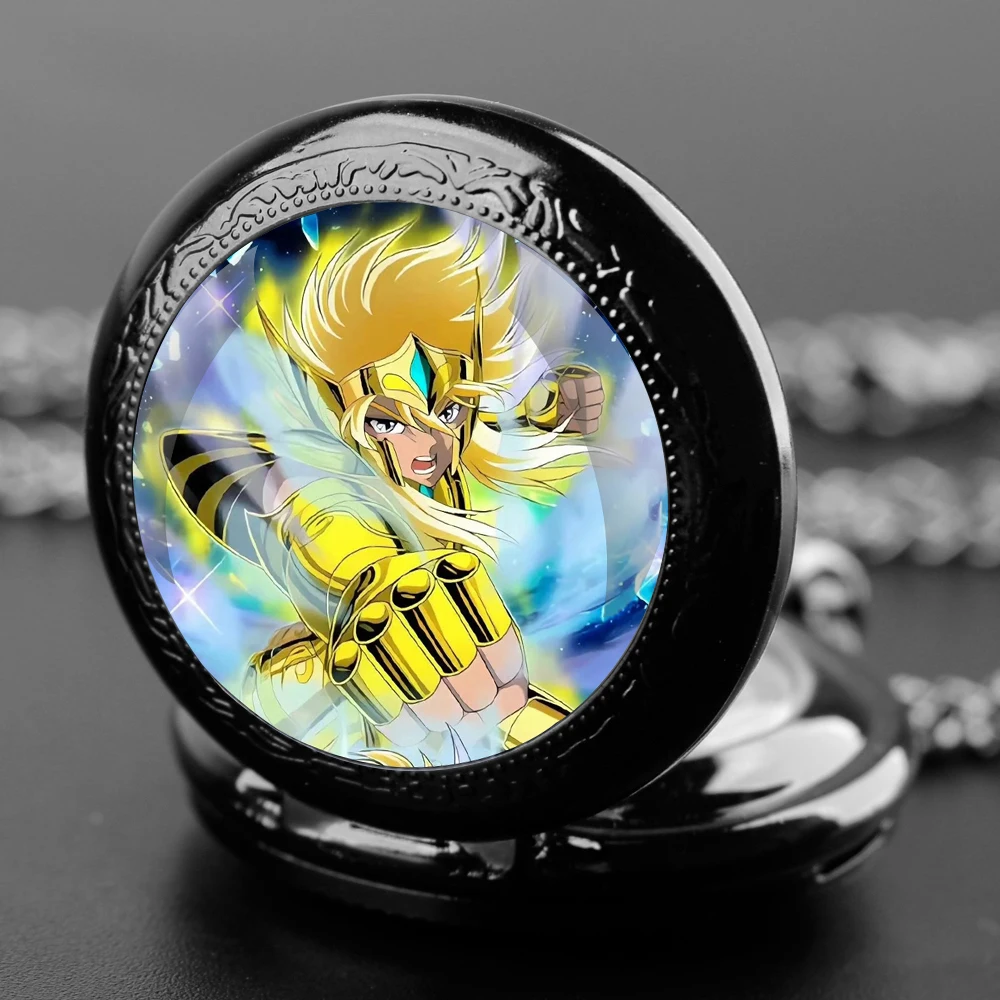 Saint Seiya-Montre de Poche à Quartz en Verre avec Numérisation Arabe, Pendentif avec Collier, Horloge, Cadeau Idéal pour Homme, Femme et Enfant