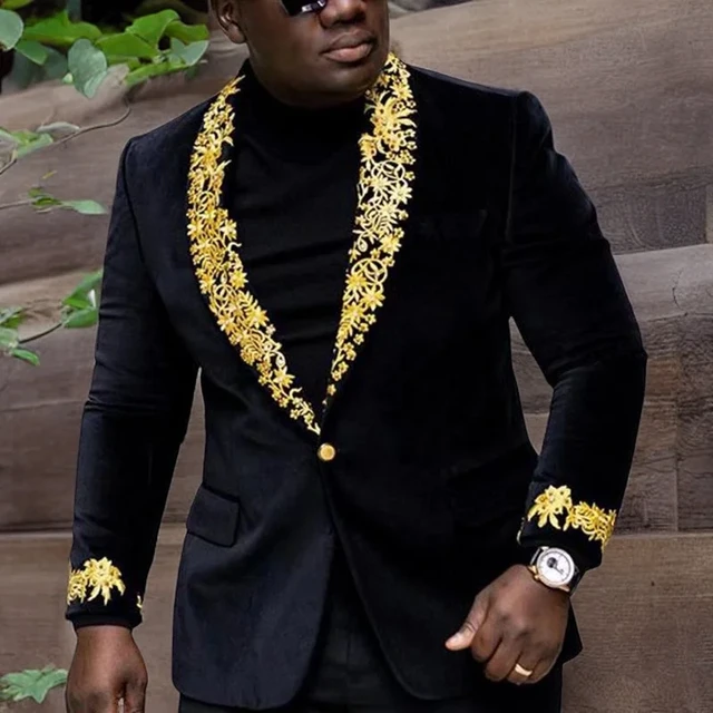 Black Velvet Tuxedo Jacket Gold Applique Suits For Men Wedding Slim Fit Party Dress Blazer 2 Piece Male Costume Homme 2024 AliExpress
