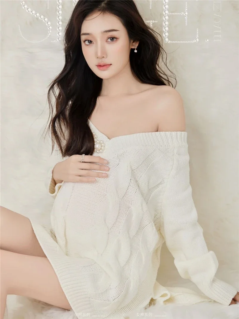 Women Photography White Elegant Knitted V-neck Full Sleeves Maternity Sweater Dresses Pregnancy Studio Photo Clothes view 5