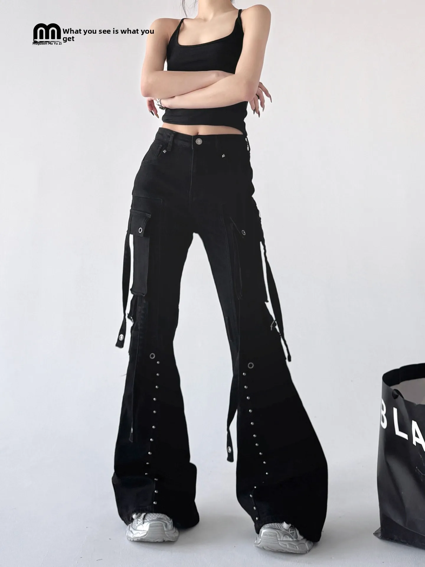 

Extended Cool Bla Rivet Micro Flared Pants Women's Spring 2026 Street Sle Slimming Workwear Jeans l Waist Button Cl...