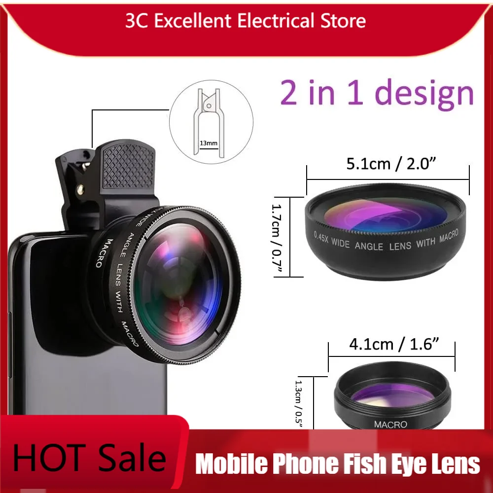 

2 In 1 Mobile Phone Fish Eye Lens 0.45X Super Wide Angle Len 12.5X Macro HD Camera Lens Universal iPhone 13 12 11 Android Phone