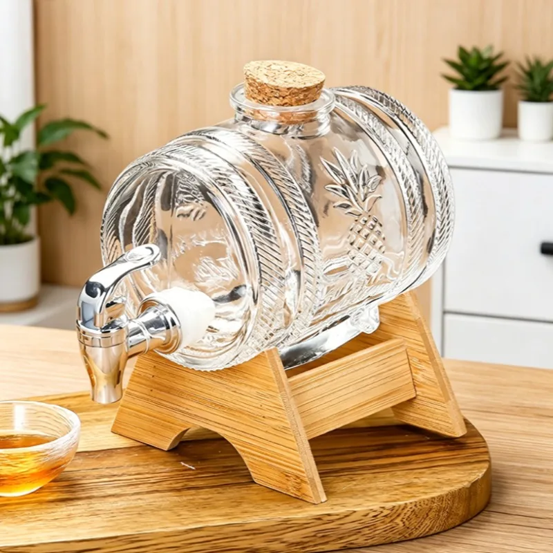

1pc Thick-walled Clear Glass Wine Barrel with A Tap, Base, and Cork; Party Set; 1000 Ml Capacity; Ideal for Parties and Camping.