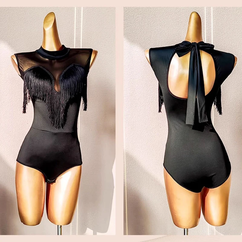 فستان رقص لاتيني نسائي أسود بدون أكمام ملابس أداء السالسا تشا تشا سامبا ملابس ممارسة الكبار ملابس الرقص اللاتينية 3609