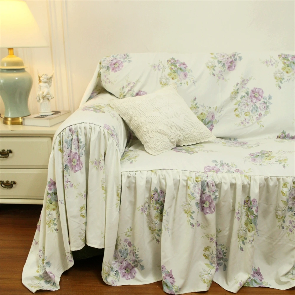 Romantic Purple Rose Fresh Thick Sofa Cover Dustproof Living Room Sofa Towel Four Seasons Universal Straight Line Sofa Cover