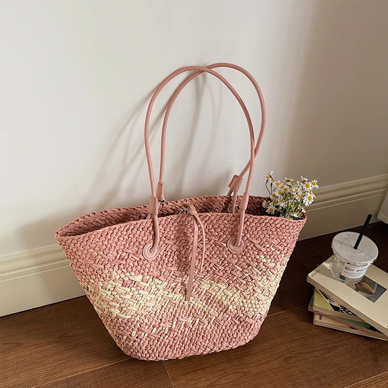 

Women Straw Woven Tote Bag 2026 Summer Large Capacity Beach Shoulder Bag Handmade Underarm Basket Handbag For Travel Shopping