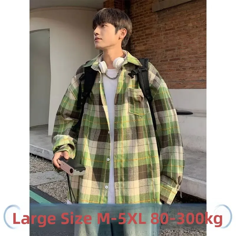 

Spring Large Size 300 Pou Japanese Sle Long Sve Plaid irt Men's Trendy Brand INS Loose Casual irt Jaet