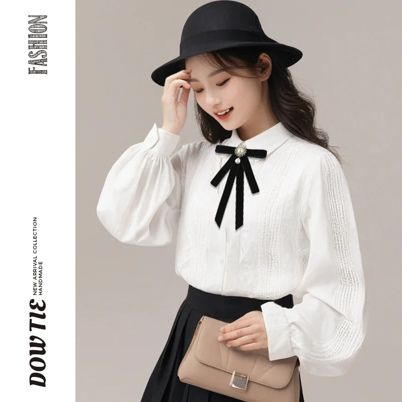 Koreanische Stoff Blume Hemd Bogen Brosche Krawatte frauen Schwarz College Britischen Student Schuluniform Abschluss Temperament Kragen Pin – Detail 2