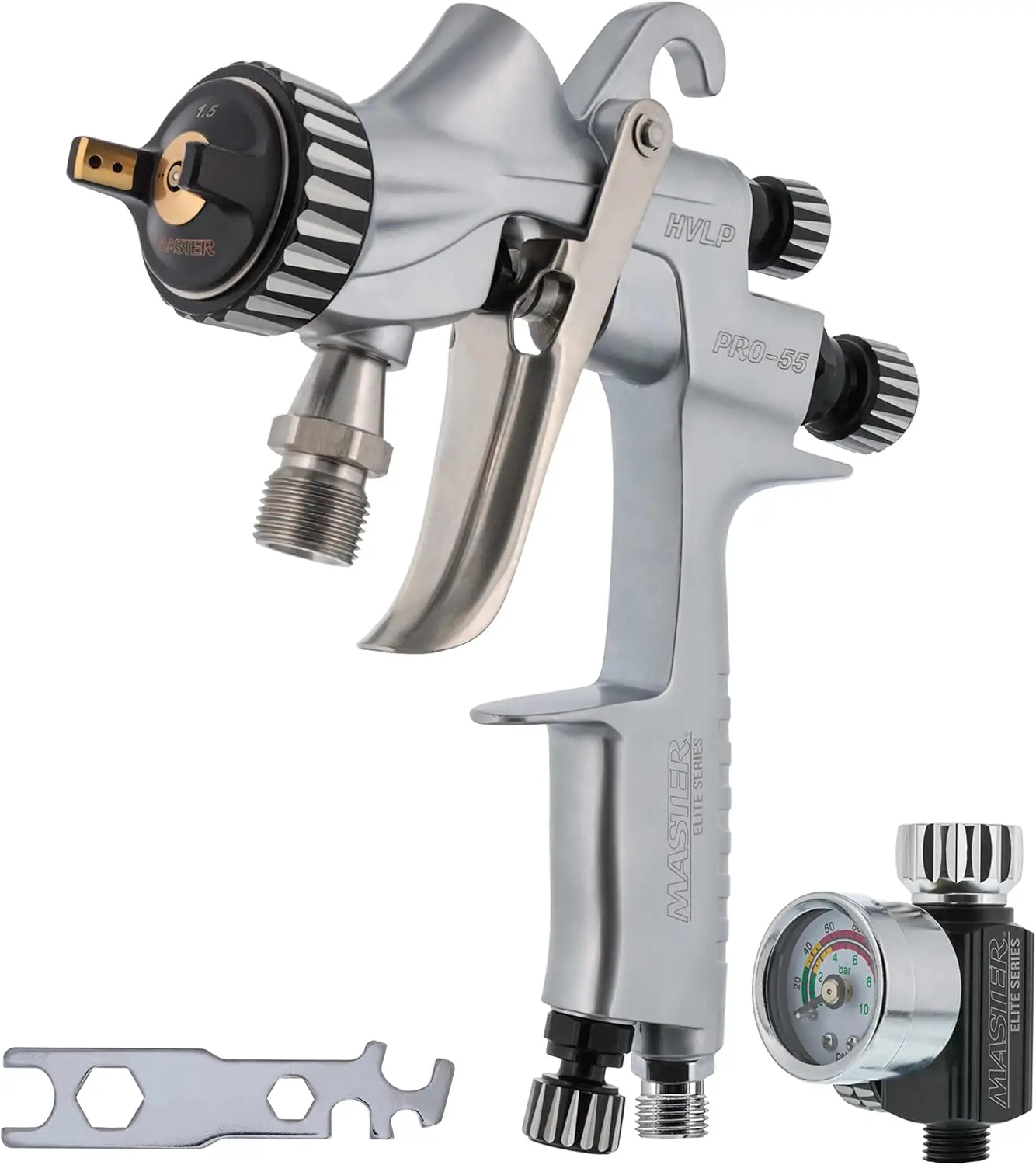 Elite High-Performance PRO-55 Series HVLP Pressure Feed Spray Gun with 1.5mm Tip - Ideal for Automotive Basecoats, Clearcoats, P