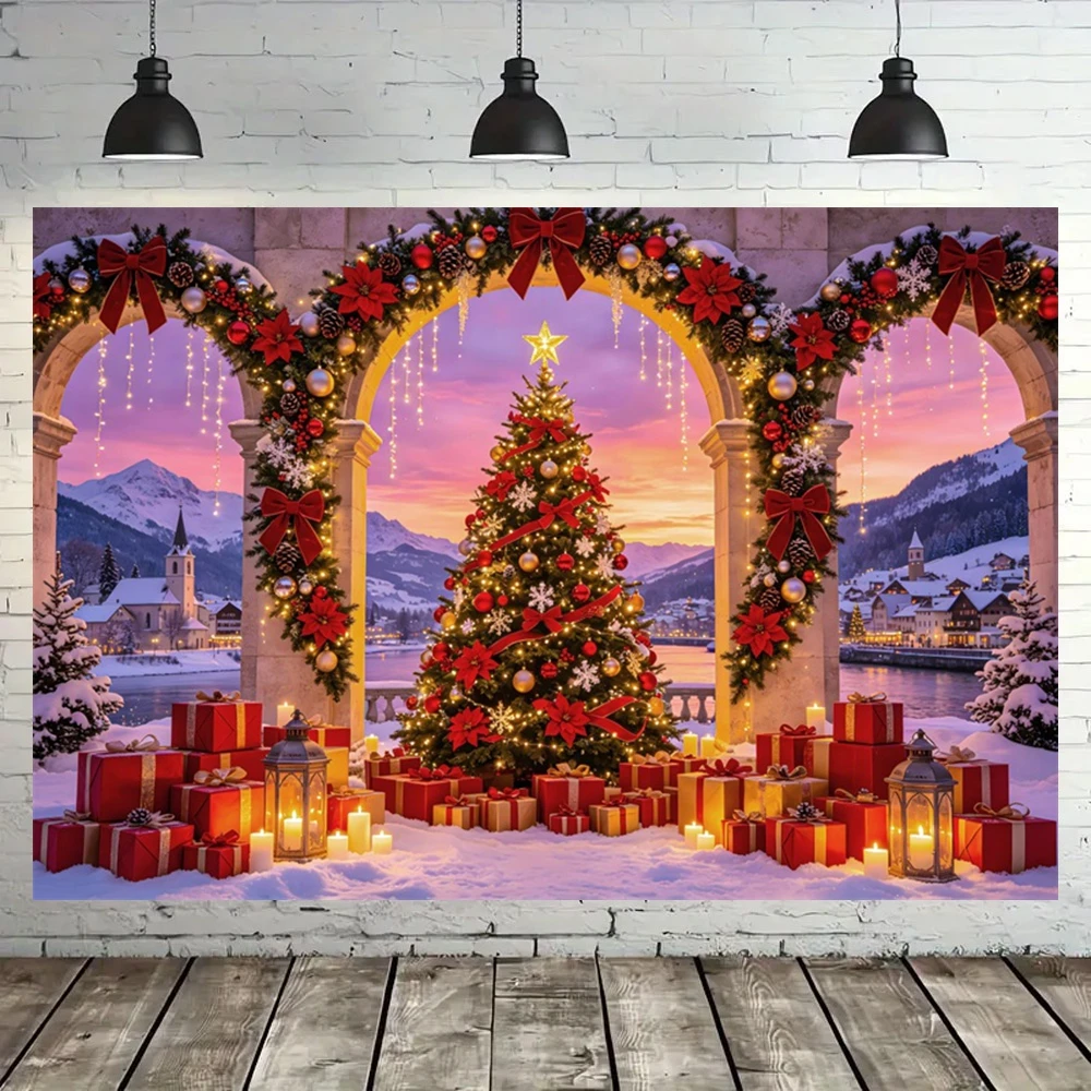 Christmas Winter Party Backdrops Snow Town Arch Door Xmas Tree Gift Decor Outdoors Wedding Portrait Photocall Photography Props