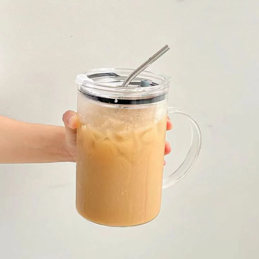 1L Drinking Glass Tumbler With Lid And Straw Glass Coffee Cup Glass Mug Milk Juice Cup Transparent Cup Juice Mocha Cups