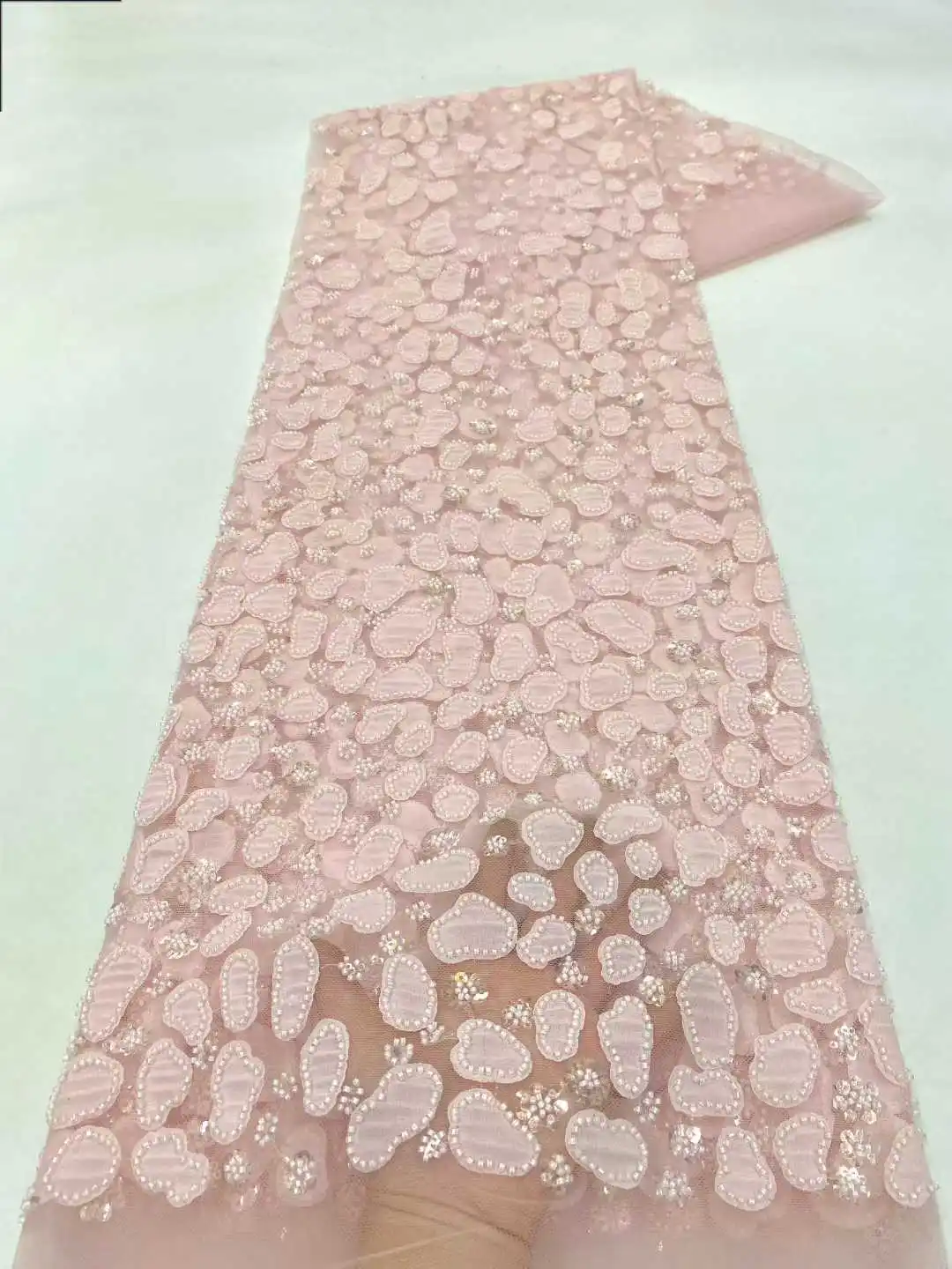 Luxo africano frisado 2025 alta qualidade lantejoulas nigerianas com renda pérola tecido de renda de tule francês para vestido de festa costura