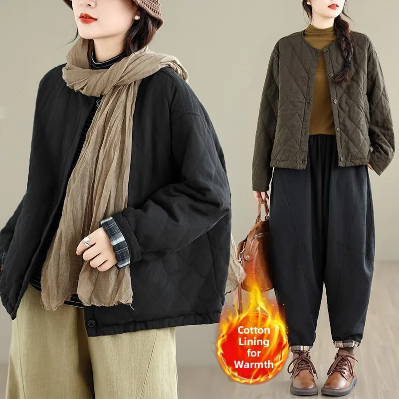

Retro Cotton Linen Quilted Jaet Inner Color Weave id Pattern Winter New Light Cotton Coat Top Women's Faion Straight Cut