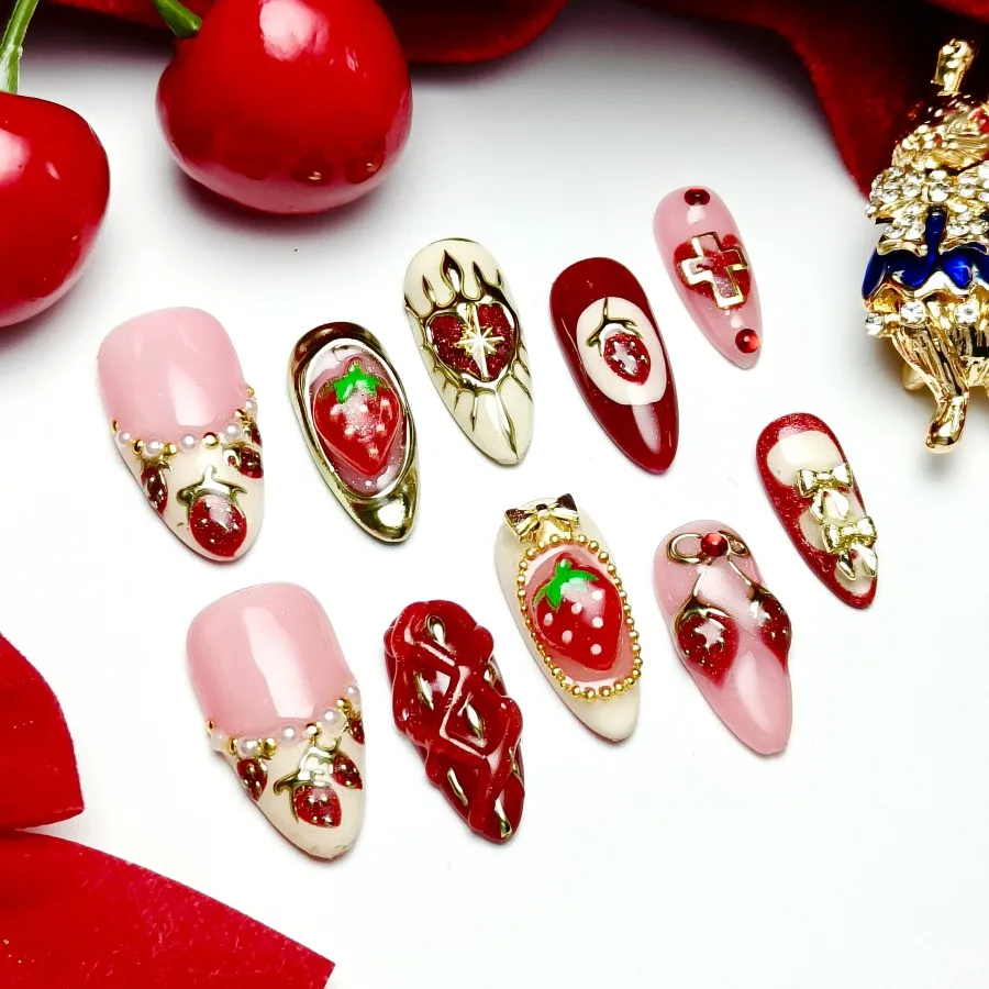 

Handmade press-on fake nails, sweet strawberry nail art, realistic reusable hand-painted nail tips, artificial nails,